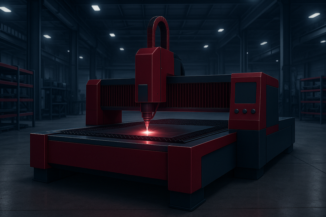 a banner using the colors #98000 and #394a59. It needs to show a warehouse with a laser machine